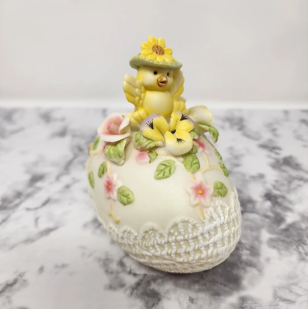Decorative Egg with Yellow Chick and Flowers Trinket Box